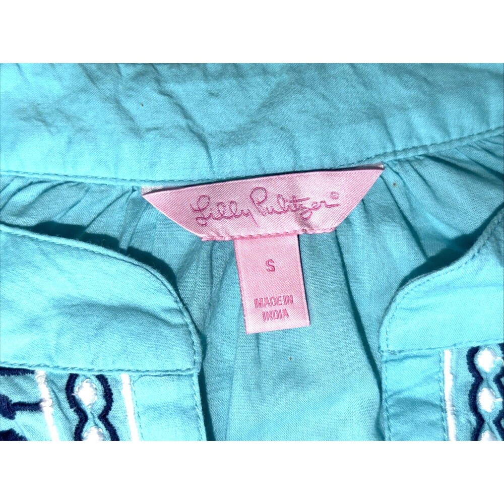 Lilly Pulitzer Top Blouse Embroidered Size S Lightweight Tunic Blue Elsa Cotton - Picture 3 of 10